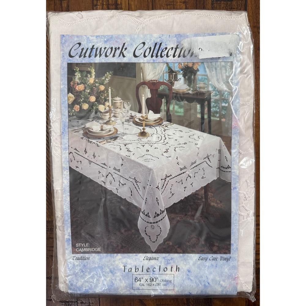 VTG Vynet Cutwork Vinyl Lace Tablecloth 64x90‎ Cambridge NOS Cottagecore Chateau